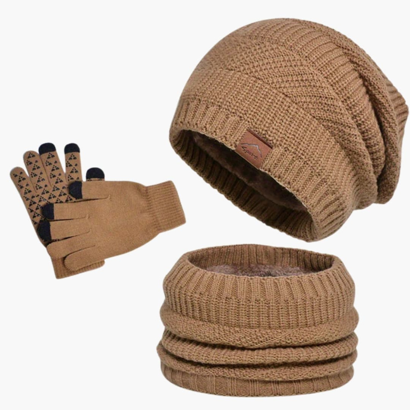 Men's Winter Beanie, Scarf & Gloves Set - Warm 3-Piece Bundle - Khaki