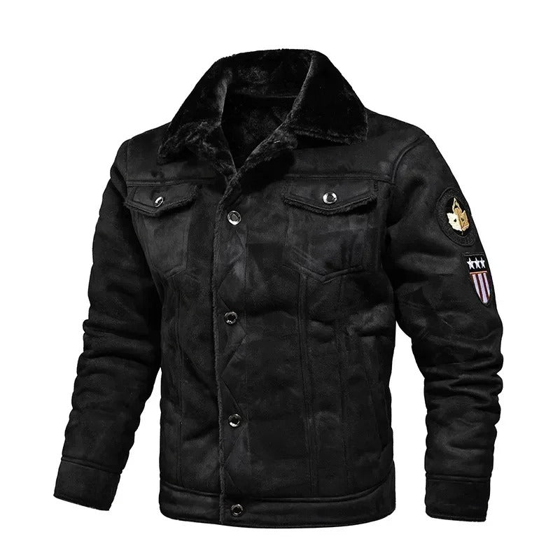 Men's Winter Jacket with Faux Fur Collar - Classic Khaki - Black