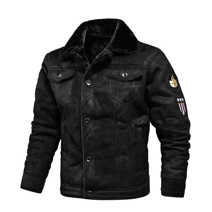 Men's Winter Jacket with Faux Fur Collar - Classic Khaki - Black