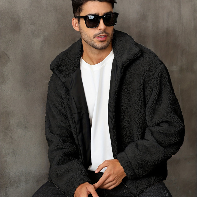Men's Winter Jacket with Fur Lining - Zip & Stand Collar - Black