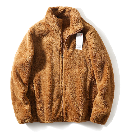 Men's Winter Jacket with Fur Lining - Zip & Stand Collar - Brown