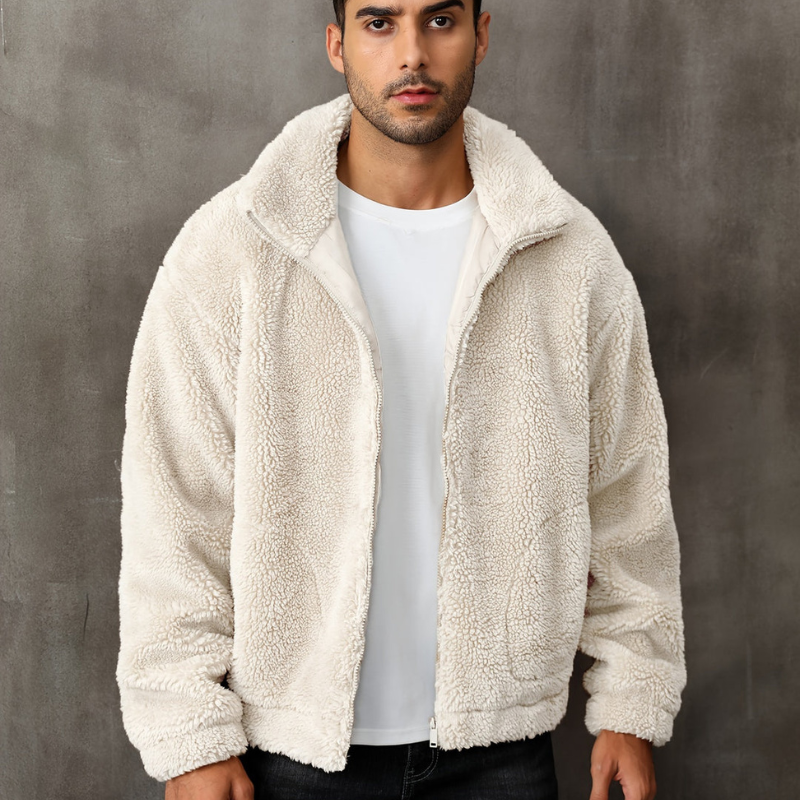 Men's Winter Jacket with Fur Lining - Zip & Stand Collar - White