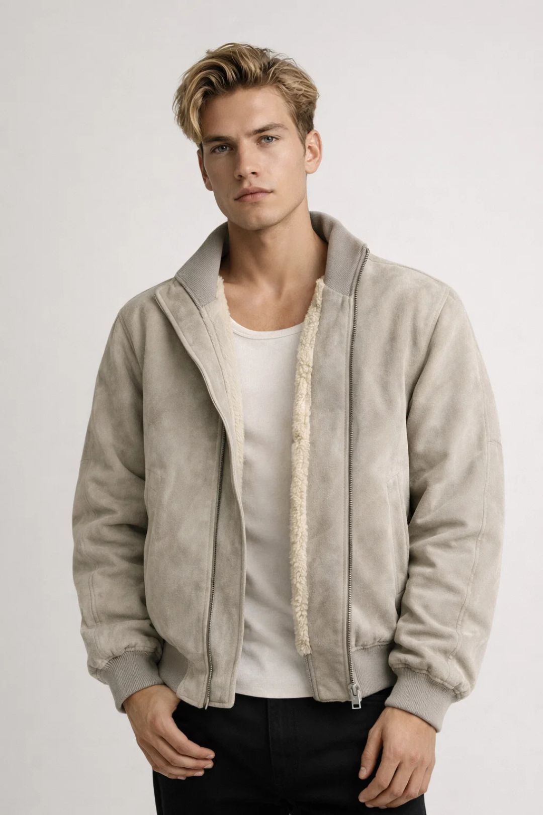 Men's Winter Jacket with Zip - Classic Collar - Beige
