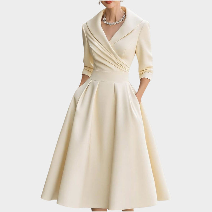 Women's A-Line Evening Dress with V-Neckline - Formal Occasion - Beige