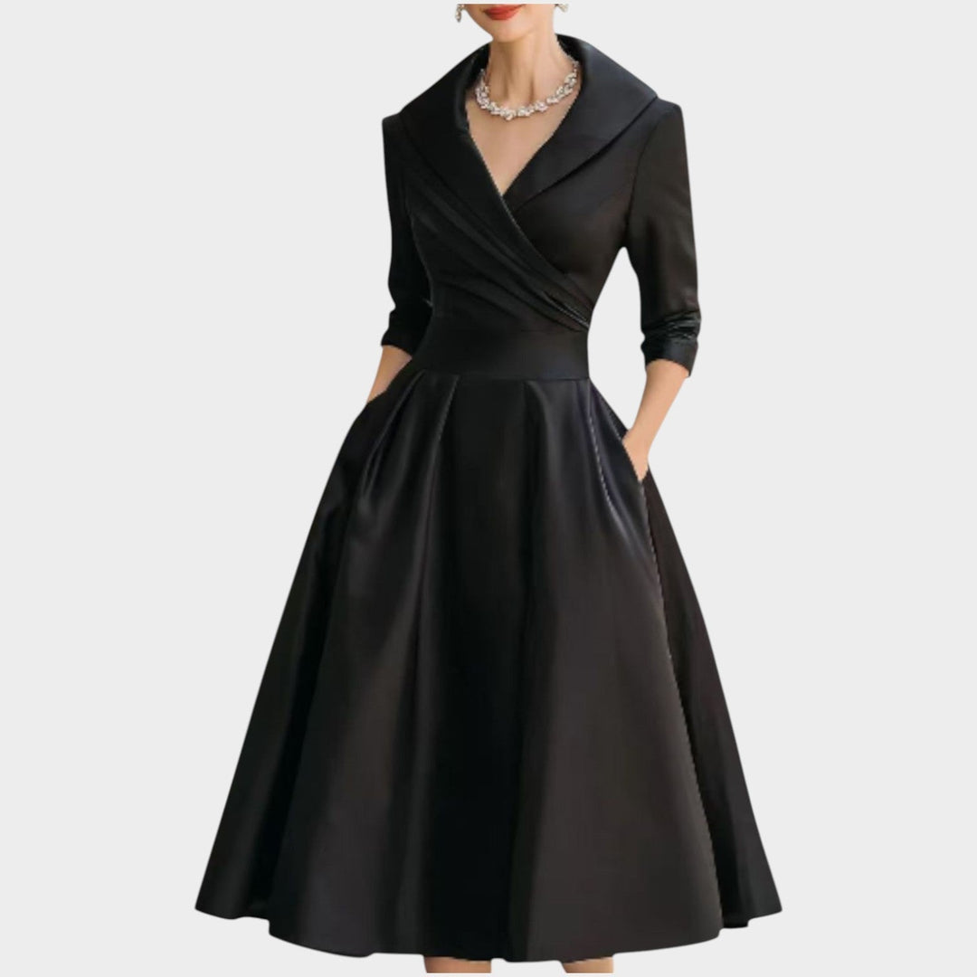 Women's A-Line Evening Dress with V-Neckline - Formal Occasion - Black