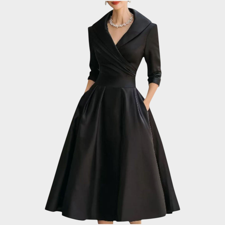 Women's A-Line Evening Dress with V-Neckline - Formal Occasion - Black