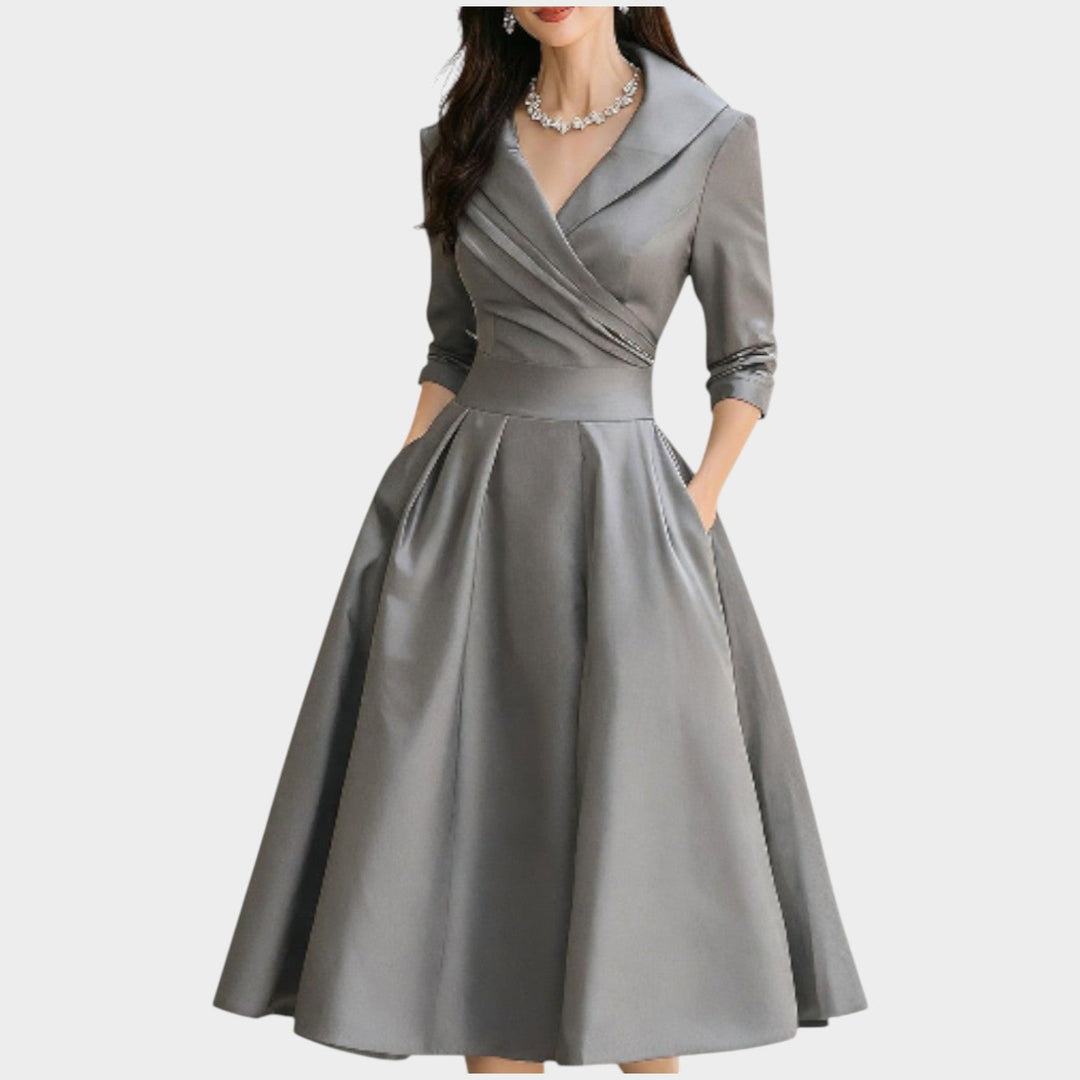 Women's A-Line Evening Dress with V-Neckline - Formal Occasion - Grey