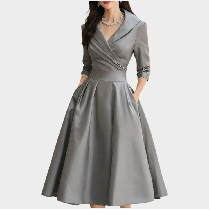 Women's A-Line Evening Dress with V-Neckline - Formal Occasion - Grey