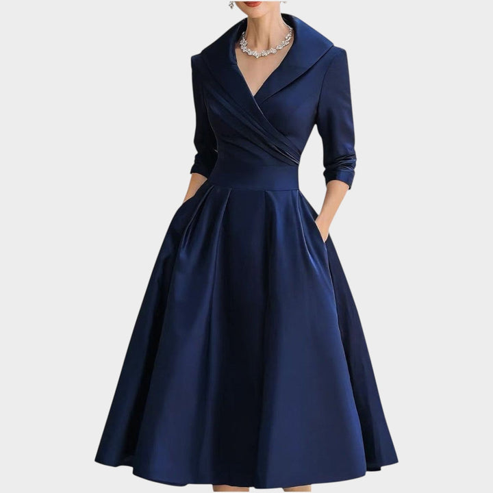 Women's A-Line Evening Dress with V-Neckline - Formal Occasion - Navy