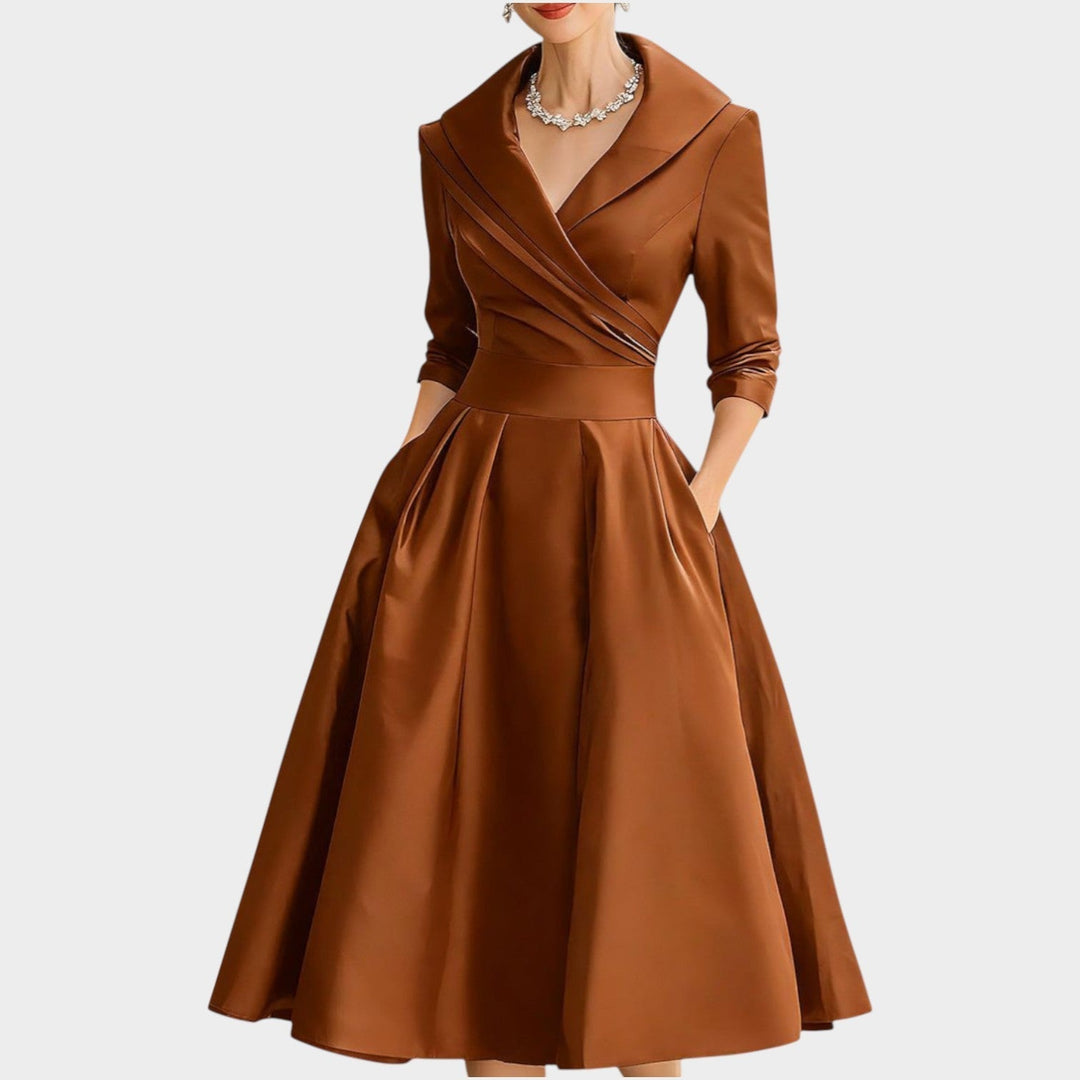 Women's A-Line Evening Dress with V-Neckline - Formal Occasion - Orange