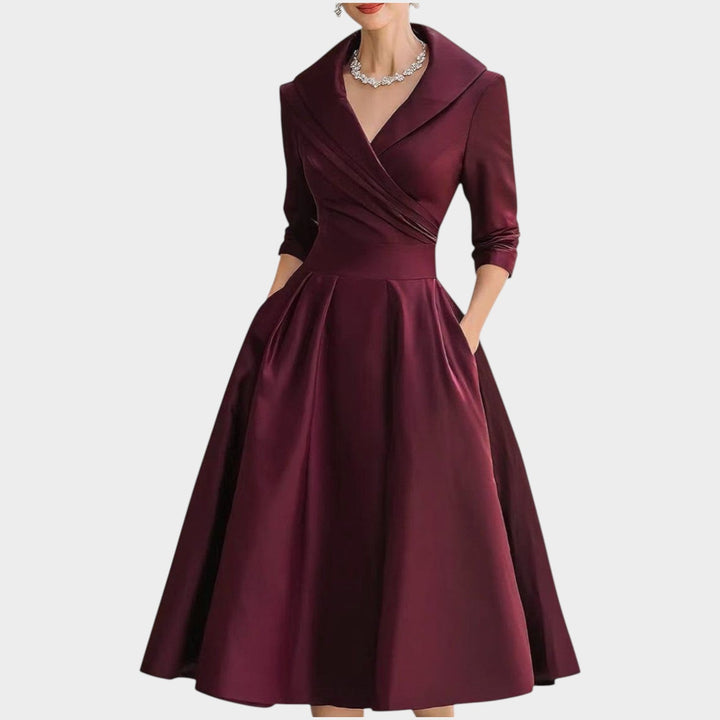 Women's A-Line Evening Dress with V-Neckline - Formal Occasion - Wine
