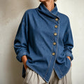 Women's Asymmetric Denim Jacket - Angled Button Stand Collar