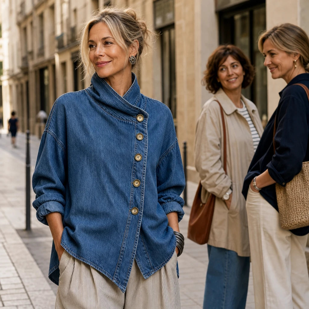Women's Asymmetric Denim Jacket - Angled Button Stand Collar
