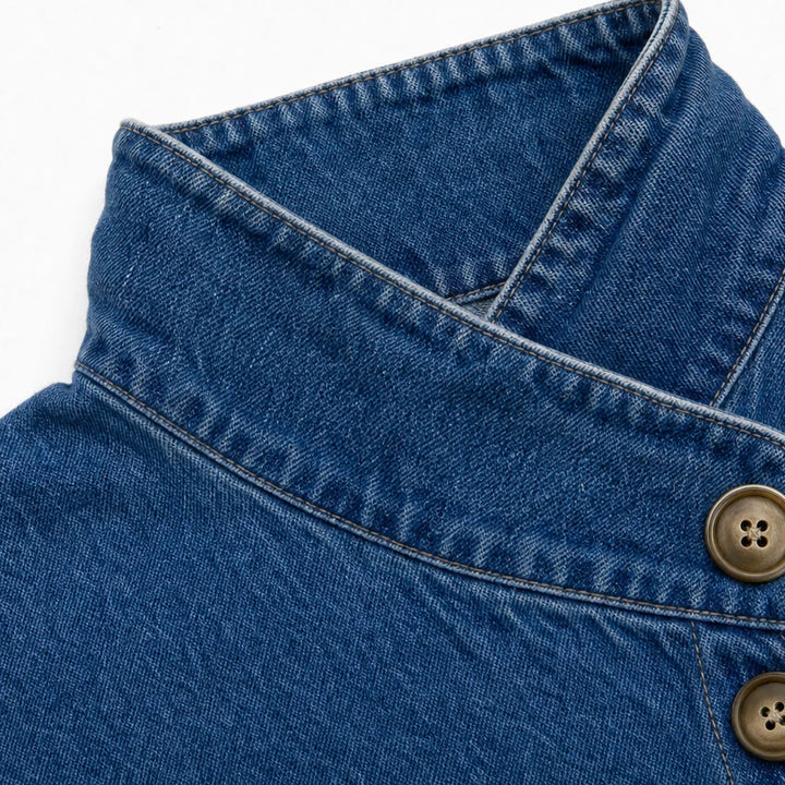 Women's Asymmetric Denim Jacket - Angled Button Stand Collar