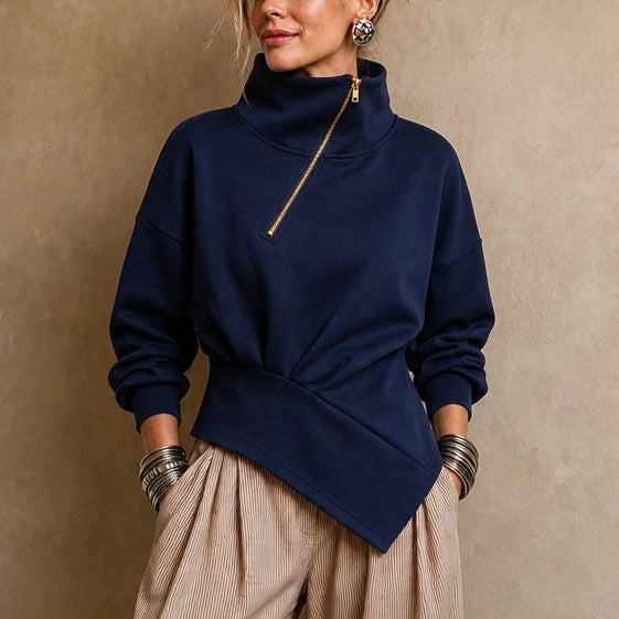 Women's Asymmetric Diagonal-Zip High-Neck Sweatshirt in navy, Relaxed Fit