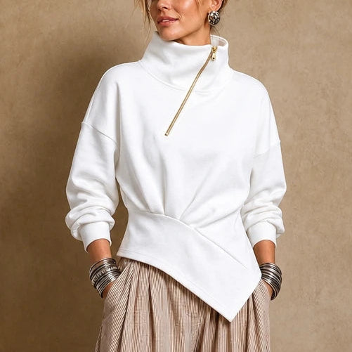 Women's Asymmetric Diagonal-Zip High-Neck Sweatshirt in white, Relaxed Fit