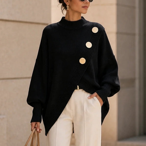 Women's Asymmetric Mock-Neck Knit Sweater in black, Angled Hem