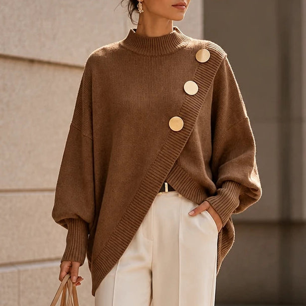 Women's Asymmetric Mock-Neck Knit Sweater in brown, Angled Hem