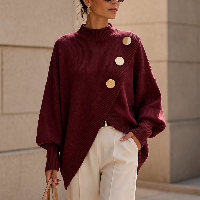 Women's Asymmetric Mock-Neck Knit Sweater in burgundy, Angled Hem