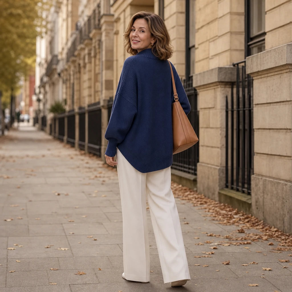 Women's Asymmetric Mock-Neck Knit Sweater - Angled Hem