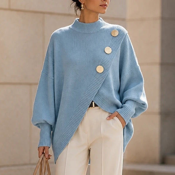 Women's Asymmetric Mock-Neck Knit Sweater in light blue, Angled Hem