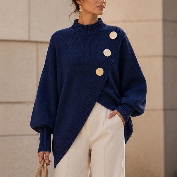 Women's Asymmetric Mock-Neck Knit Sweater in navy, Angled Hem