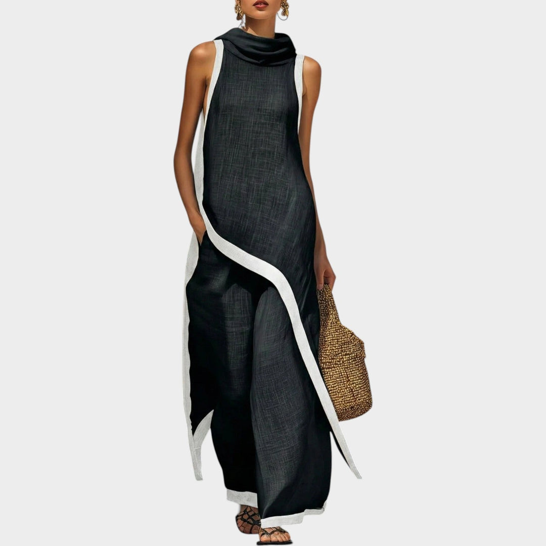 Women's Asymmetric Two-Piece Set - Contrast Trim - Black