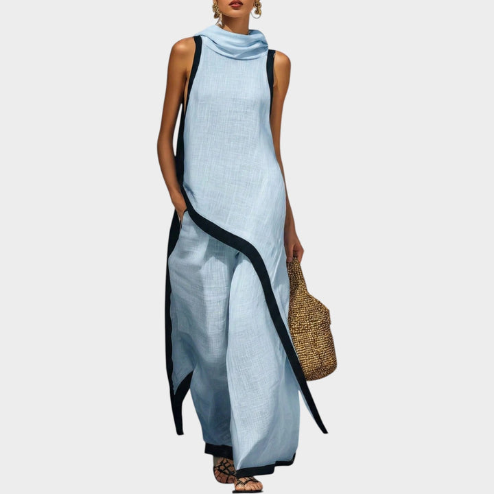 Women's Asymmetric Two-Piece Set - Contrast Trim - Blue
