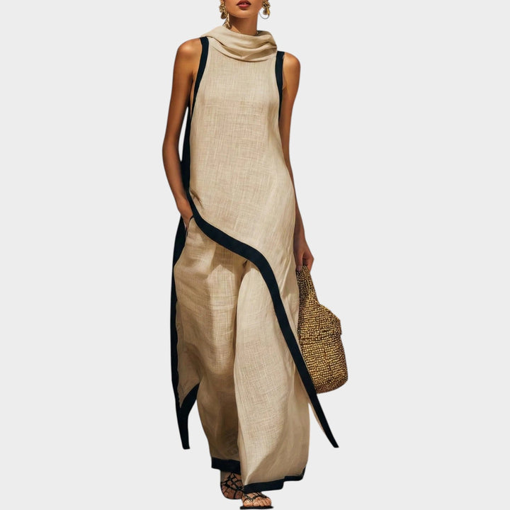 Women's Asymmetric Two-Piece Set - Contrast Trim - Khaki