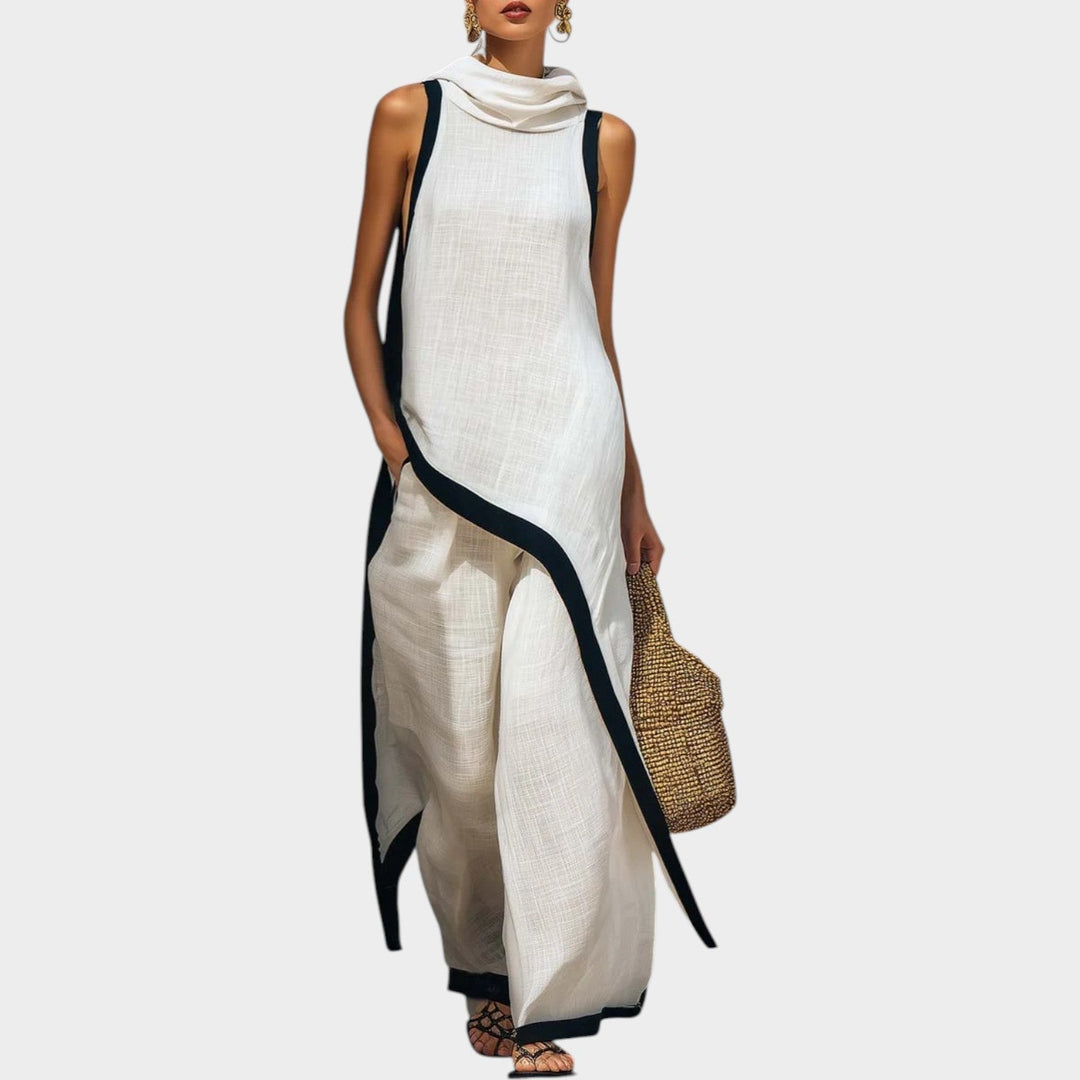 Women's Asymmetric Two-Piece Set - Contrast Trim - White