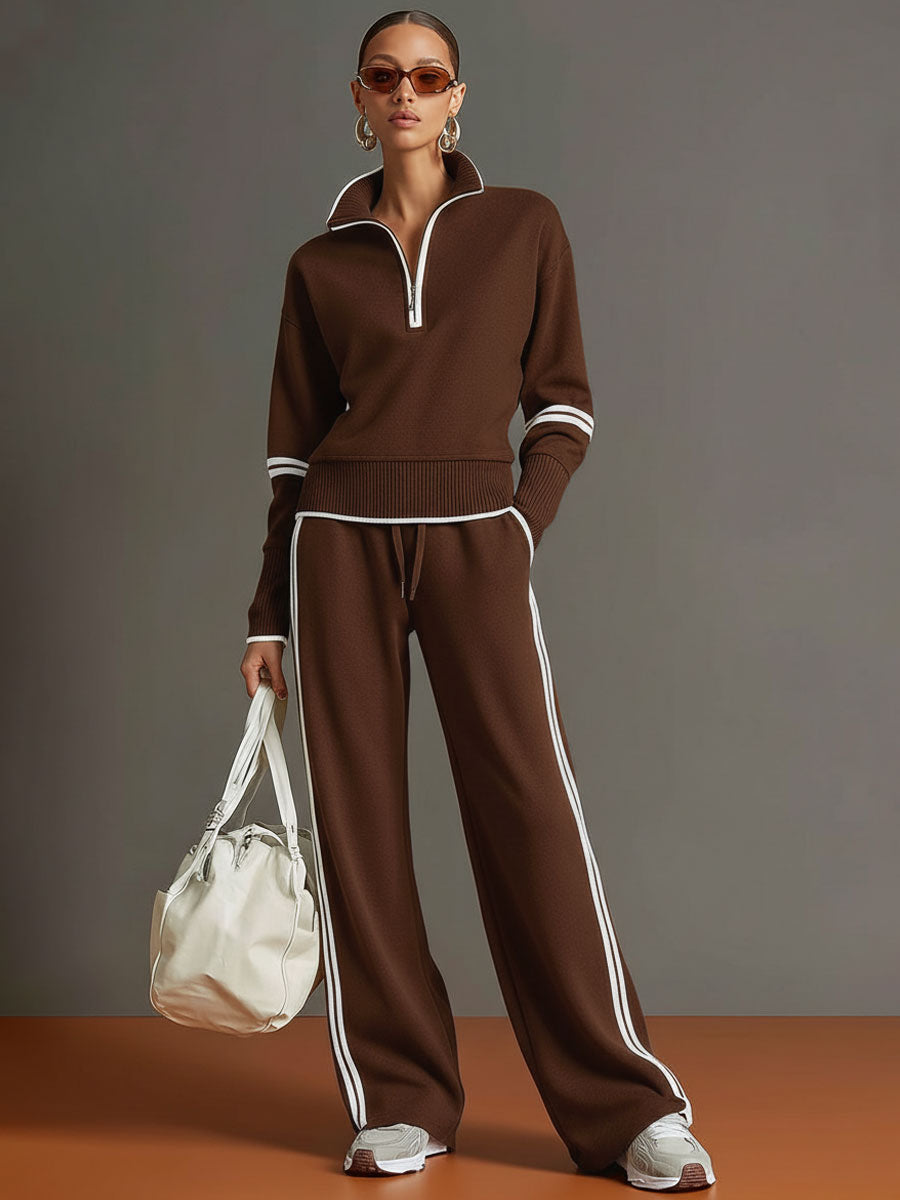 Women's Blouse and Wide-Leg Pants Set - Relaxed Fit - Brown