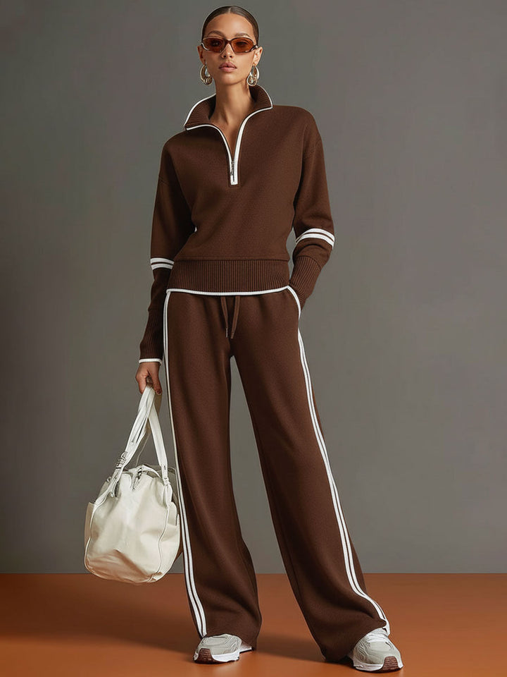 Women's Blouse and Wide-Leg Pants Set - Relaxed Fit - Brown