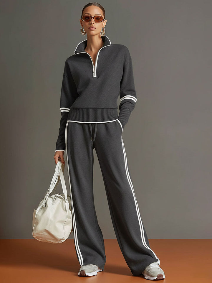 Women's Blouse and Wide-Leg Pants Set - Relaxed Fit - Dark Gray