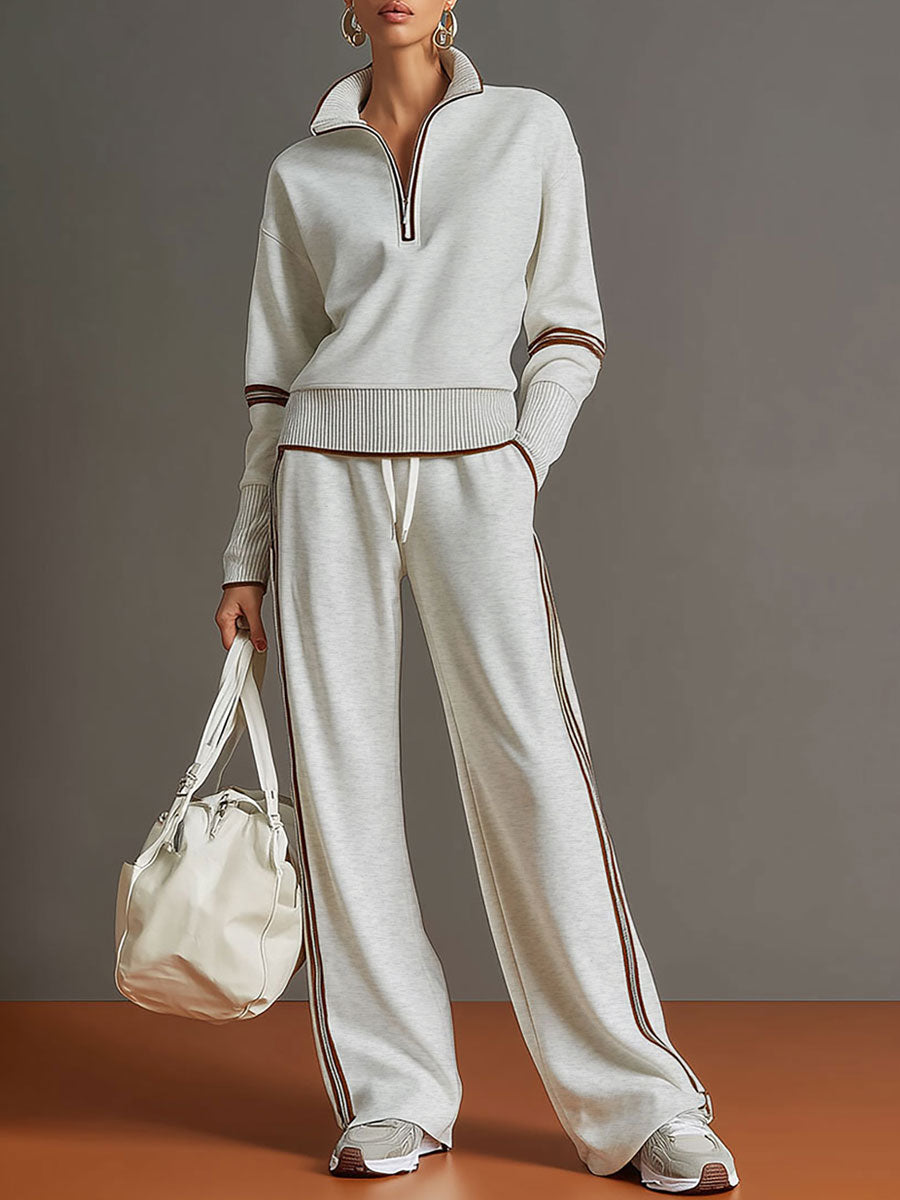 Women's Blouse and Wide-Leg Pants Set - Relaxed Fit - Gray White