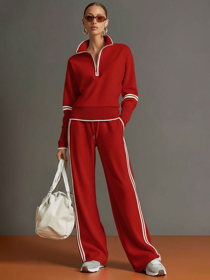 Women's Blouse and Wide-Leg Pants Set - Relaxed Fit - Red