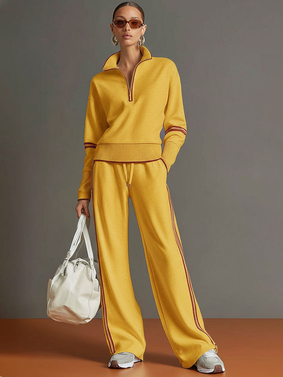 Women's Blouse and Wide-Leg Pants Set - Relaxed Fit - Yellow