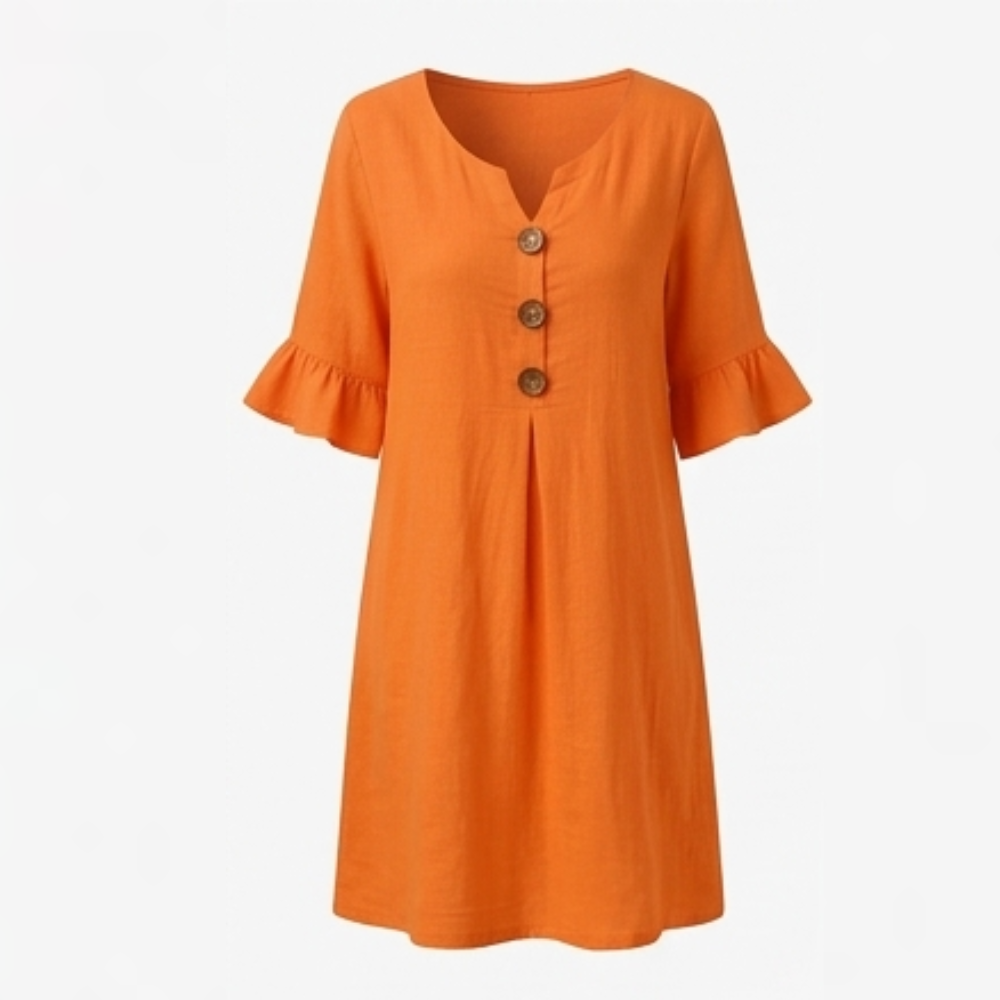 Women's Breezy Midi Dress with Front Pleat - Lightweight Summer - Orange