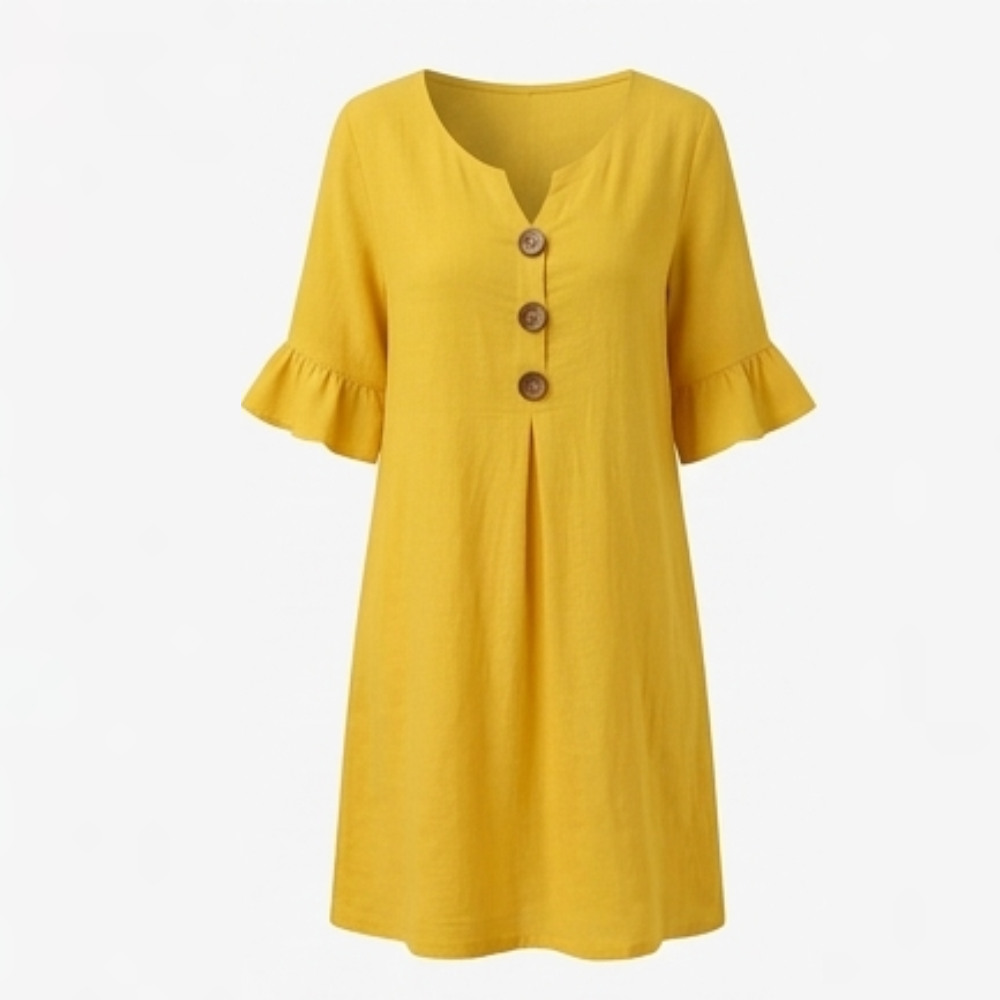 Women's Breezy Midi Dress with Front Pleat - Lightweight Summer - Sunny Yellow