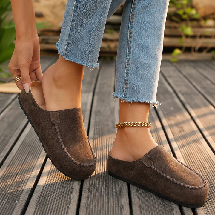 Women's Brown Backless Round-Toe Flat Shoes - Brown