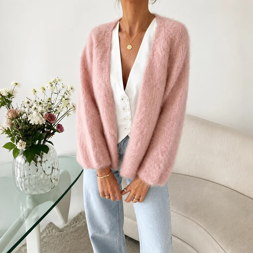 Women's Brushed Mohair Cardigan in pink, Open Front Relaxed Fit