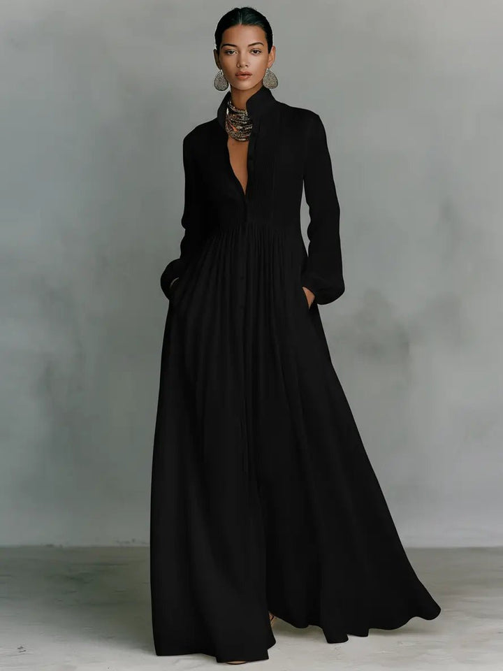 Women's Button-Front Maxi Dress in black, Flowing Stand Collar