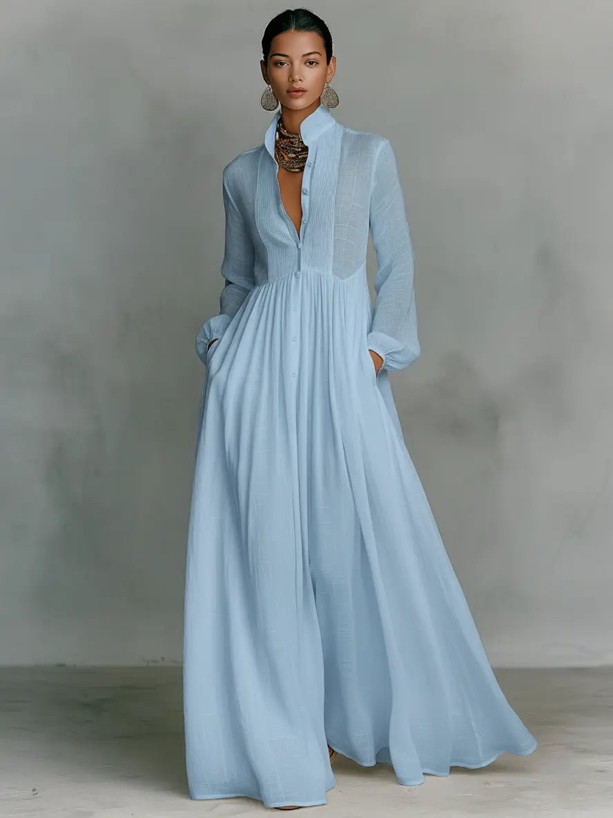 Women's Button-Front Maxi Dress in blue, Flowing Stand Collar