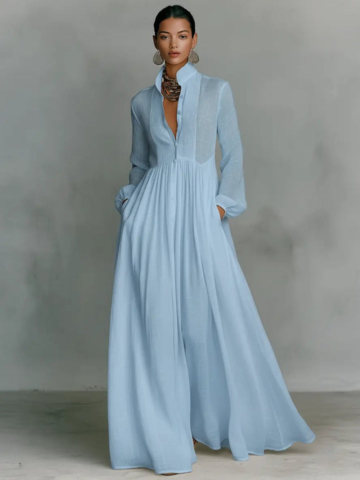 Women's Button-Front Maxi Dress in blue, Flowing Stand Collar