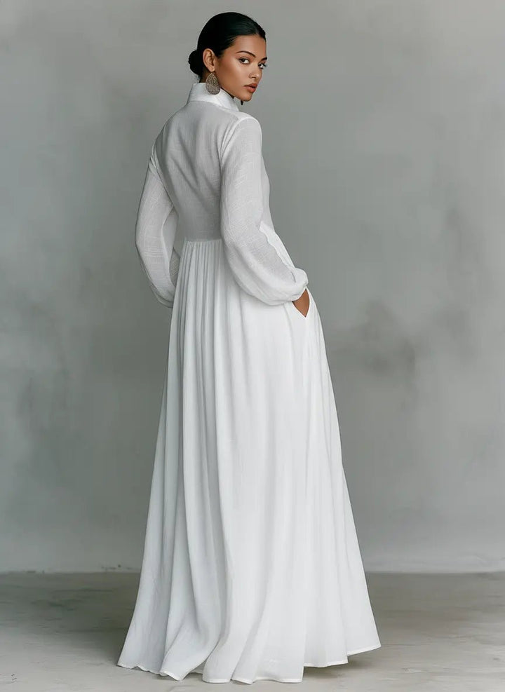 Women's Button-Front Maxi Dress - Flowing Stand Collar