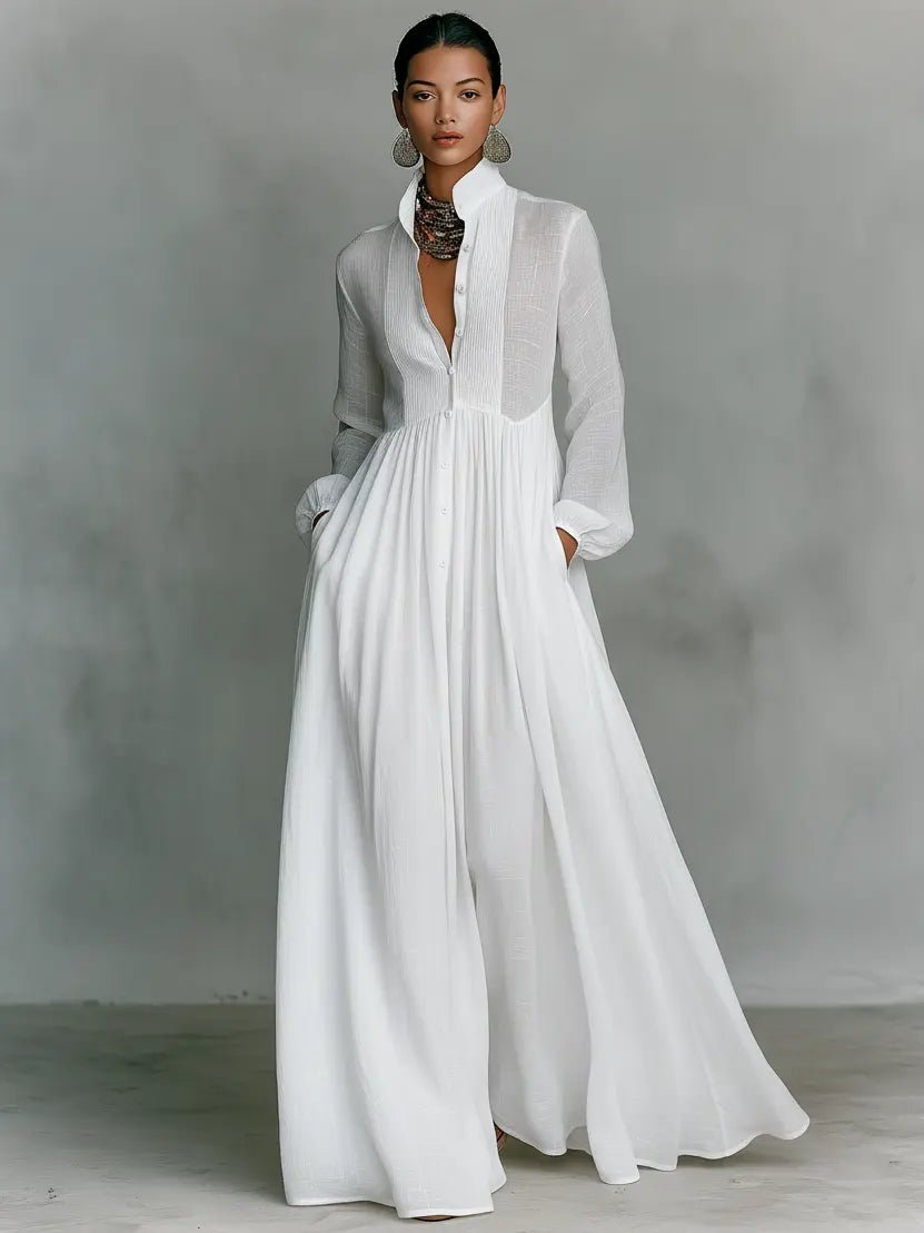 Women's Button-Front Maxi Dress - Flowing Stand Collar