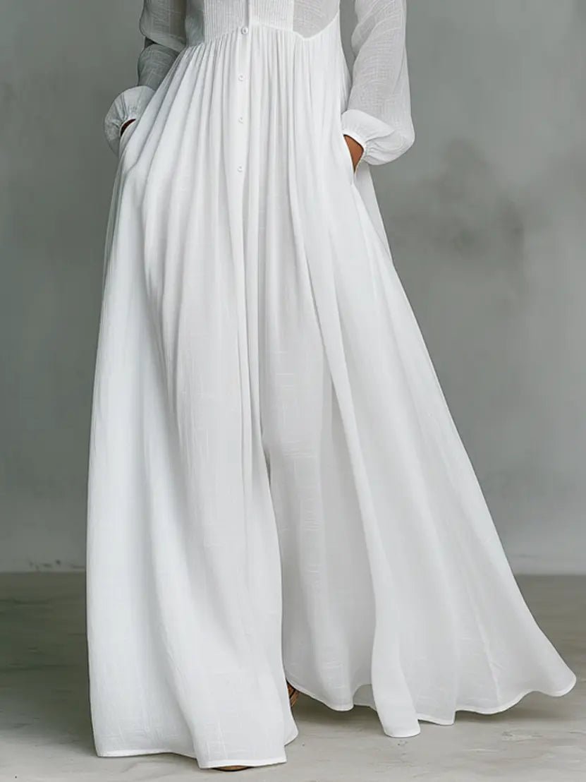 Women's Button-Front Maxi Dress - Flowing Stand Collar