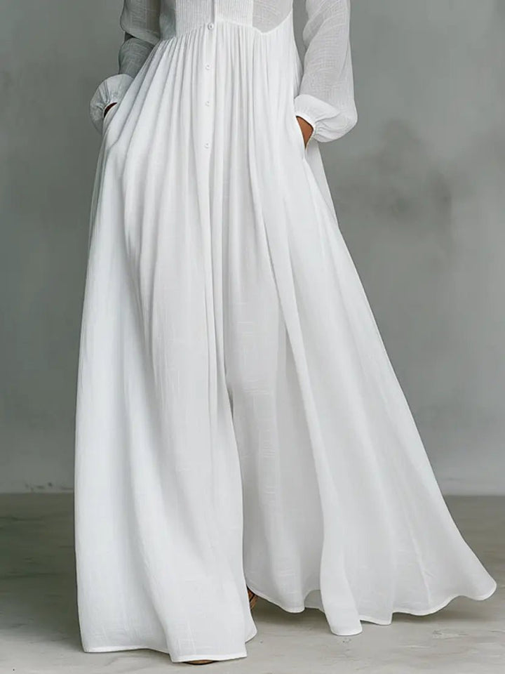 Women's Button-Front Maxi Dress - Flowing Stand Collar