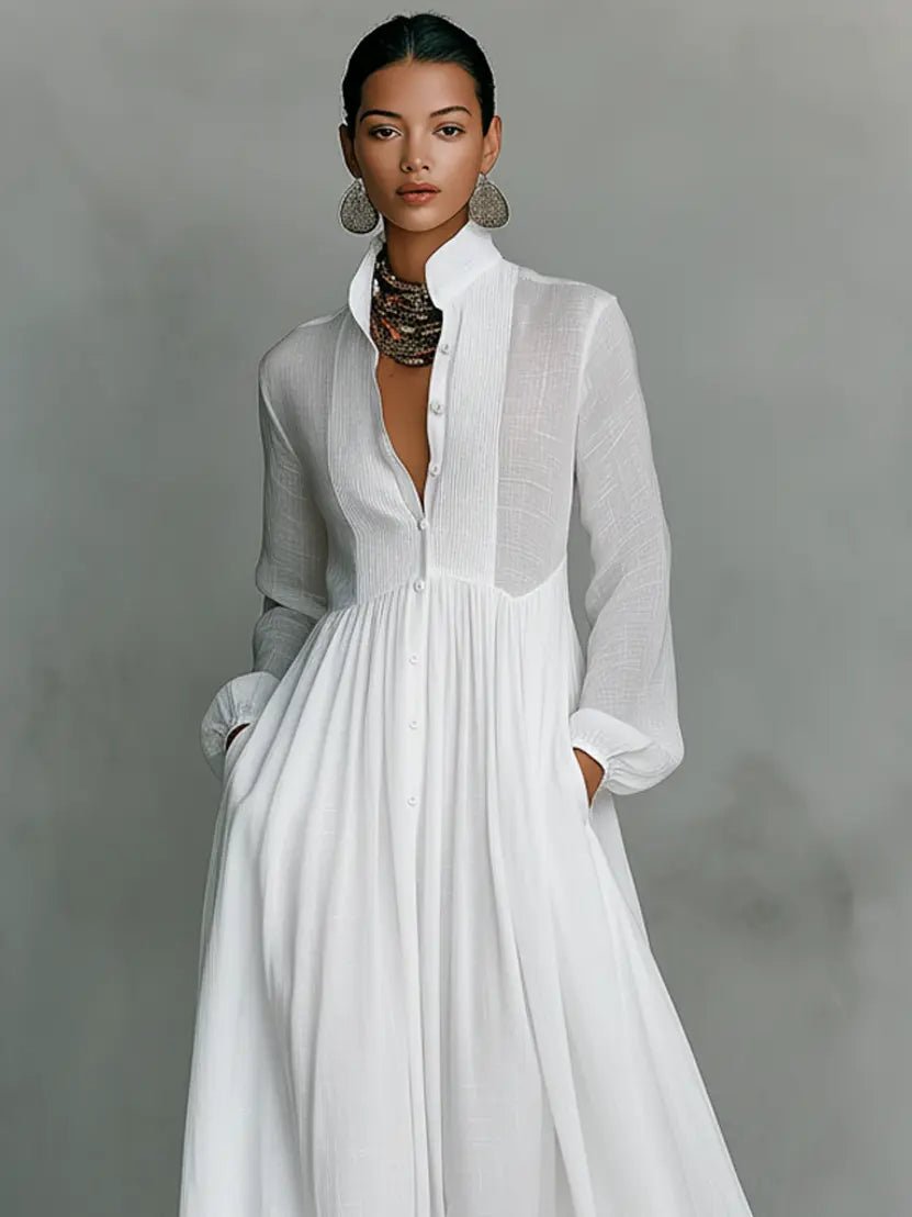 Women's Button-Front Maxi Dress - Flowing Stand Collar