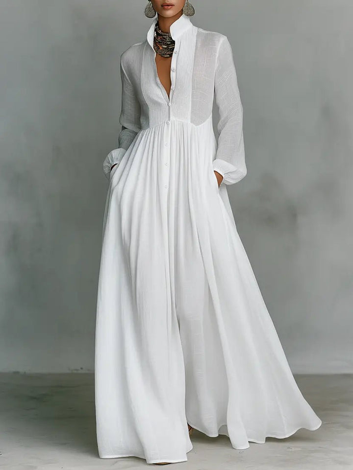 Women's Button-Front Maxi Dress in white, Flowing Stand Collar