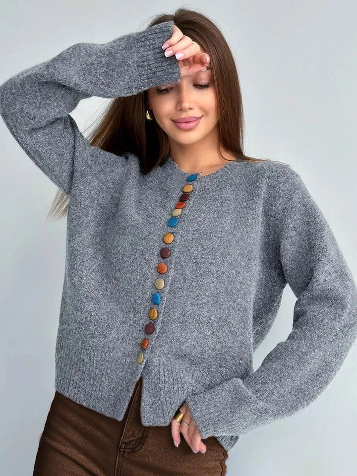Women's Button-Front Patterned Knit Cardigan - Grey